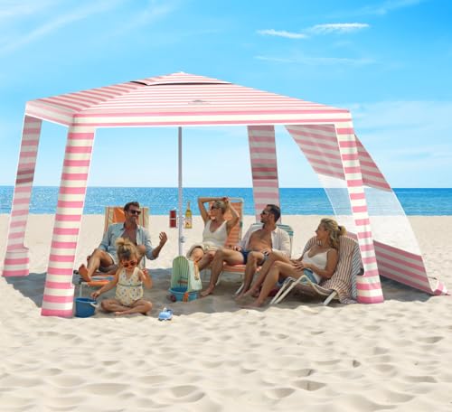 Rhino Valley Beach Cabana, 8 * 8FT Beach Tent UPF50+ Protection, Easy Setup Beach Canopy Wind Resistant with Cup Holder, Compact Beach Shade Foldable Beach Tent Sun Shelter, Pink & White Stripes - color: Pink & White Stripes