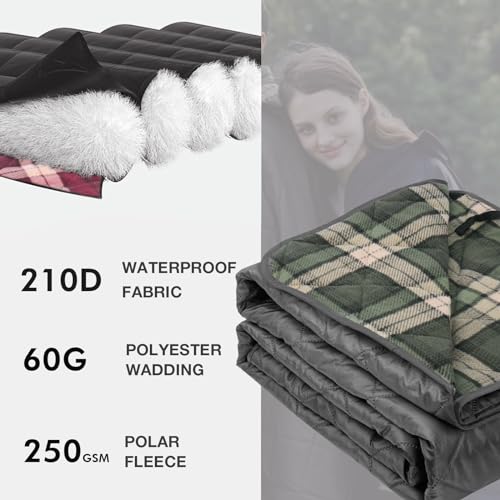 DUKUSEEK Stadium Blanket for Outdoor Sports, Waterproof Hooded Blankets, Windproof Warm Fleece Blankets for Camping Stadium, Beach, Picnic, Concerts, Car, Dog, 79x58 - color: Black-blue-plaid