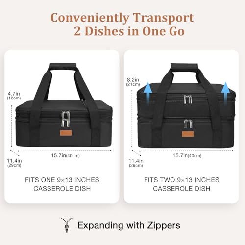 Expandable Casserole Carrier Bag - Double Decker Food Bag, Insulated Casserole Carrier for Hot or Cold Food, Lasagna Holder Tote for Picnics,Beaches,Traveling or Gifts - color: Black