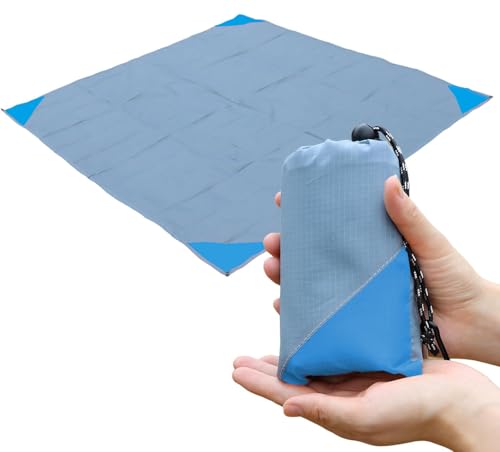 Orga'Neat Pocket Picnic Blanket, Beach Mat Waterproof Sandproof, Compact Lightweight Small Tarp for Camping, Hiking, Backpacking, Festival, Travel, Foldable in Bags (Grey/Blue, 55"x60") - color: Grey/Blue, size: 55"x60"