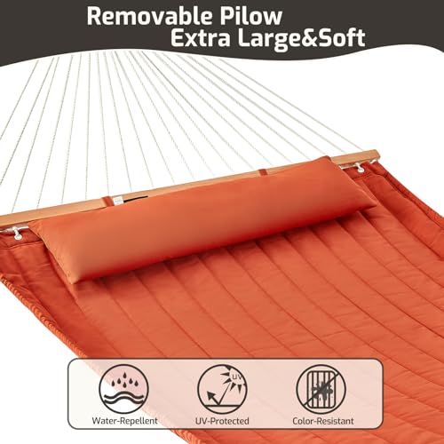 CHULIM Double Quilted Fabric Hammock with Hardwood Spreader Bars and Pillow 450 LBS Capacity 2 Person Large Hammock for Outdoor Patio Backyard Poolside - Terracotta - color: Terracotta