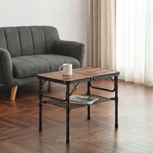YihuiKo Folding Picnic Table with Storage Net, 3 Adjustable Heights Aluminum Small Folding Table, Lightweight, Portable Carrying Handle, for Camping Travel Outdoor - size: 24"L x 16"W x 27"H Plank-style Wood Grain