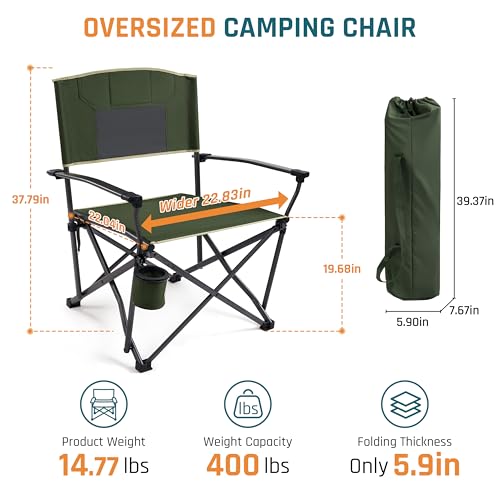 Oversized Folding Camping Chairs for Adults Heavy Duty Camp Chair Support 400 LBS Steel Frame Metal Arm Lawn Chairs with Swivel Cup Holder & Hollow Backrest Extra Large Outdoor Chairs Green - color: Green