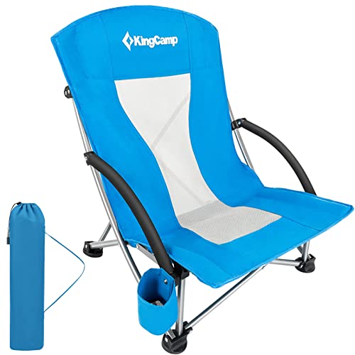 KingCamp Low Beach Chair Folding Portable Lightweight Backpack Chair for Adults with Cup Holder Pocket Carry Bag for Outdoor Camping Concert Festival Travel Sports Lawn Sand, Blue - color: Blue-low Back