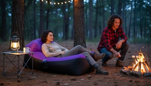 Inflatable Lounger with No-Pump Setup, Floating Portable Air Chair, Ripstop Polyester, Stability Peg for Beach, Camping, Festivals, Tailgating (Purple Black) - style: Purple Black