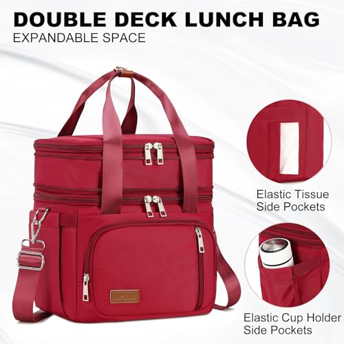 MAPLELILY Lunch Box for Men Women - Double Deck Insulated Lunch Bag, Large Leak Proof Tote Cooler, Wide Open Dual Compartment Lunch Bags with Shoulder Strap, For Work Picnic Hiking Beach, Red - color: Red
