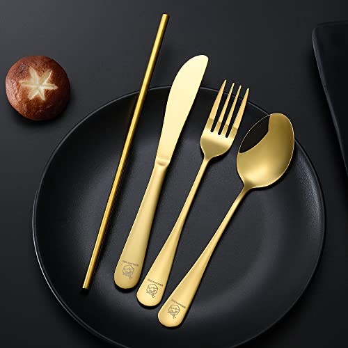 Boulder Bee | Travel Utensils Set | Reusable Camping Cutlery Set | Stainless Steel Flatware Set | Portable Silverware Set with Case | Includes Knife/Fork/Spoon/Straw/Cleaning Cloth/Case (Gold) - color: Gold