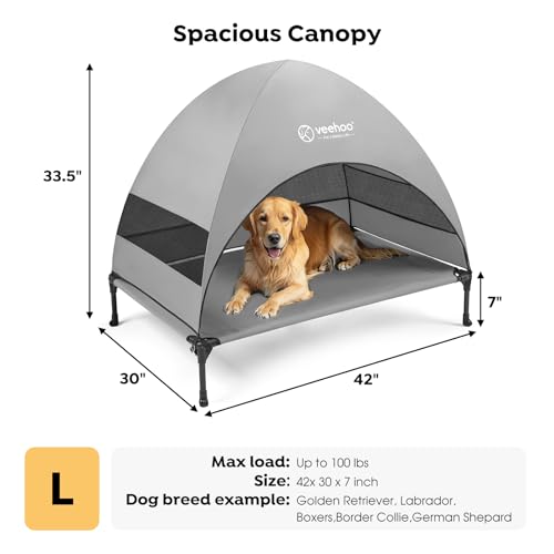Veehoo Outdoor Dog Bed with Canopy, Cooling Elevated Pet Cot with Removable Shade, Non-Slip Feet, Raised Dog Cot for Large Dogs, Pet Tent Bed for Camping, Beach, Large, Grey, CWC2411 - color: Grey, size: 42.0"L x 30.0"W x 33.5"Th