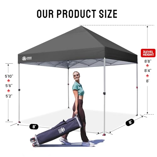 CROWN SHADES 8x8 Pop Up Canopy - Beach Tent with One Push Setup - Easy Outdoor Sun Shade for Events, Parties, Camping - Gazebo with STO-N-Go Cover Bag, Silver Coated Top,Grid Grey - color: Grid Grey, size: 8x8