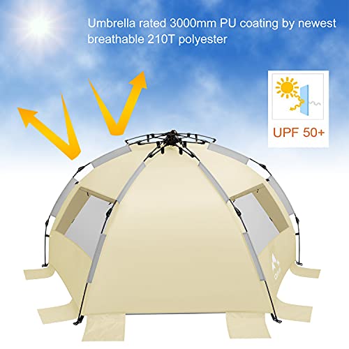 Oileus X-Large 4 Person Beach Tent Sun Shelter - Portable Sun Shade Instant Tent for Beach with Carrying Bag, Stakes, 6 Sand Pockets, Anti UV for Fishing Hiking Camping, Waterproof Windproof, Khaki - color: Khaki