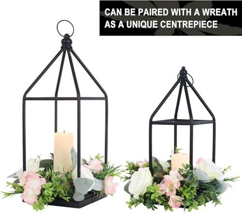 Lantern Decorative Indoor&Outdoor, 18’’&14’’ Large Black Metal Candle Lanterns Decor, Vintage Hanging Holders for Home Porch Wedding Centerpiece, Spring Farmhouse Decorations - color: 18‘’ + 14‘’ / Timer