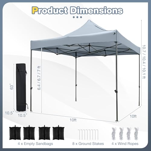 Tangkula 10x10 FT Pop Up Canopy, Instant Setup Outdoor Tent with Heavy-Duty Carbon Steel Frame, Wheeled Bag, 4 Sandbags, 8 Stake, 4 Ropes, Portable Canopy Tent for Parties Events Camping (Gray) - color: Gray