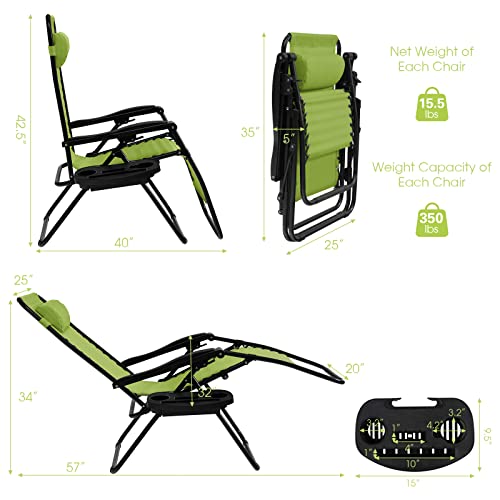 Goplus Zero Gravity Lounge Chairs, 160°Adjustable Folding Recliner w/Pillow and Cup Holder, 350LBS Comfy Outdoor Lounge Chairs for Patio, Lawn, Yard & Camp(Set of 2, Green) - color: Green, size: 35.4" x 25.2" x 43.3" (Set of 2)