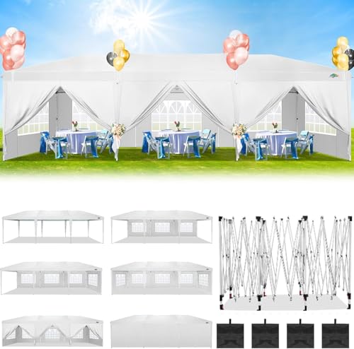 COBIZI 10x30 Pop Up Canopy Tent for Parties with 8 Sidewalls Waterproof Commercial Instant Canopy 10x30 Party Tent for Backyard, Wedding Portable Outdoor Gazebo with Carrybag&4 Sandbags(White - color: White, size: 10x30FT with 8 sidewalls