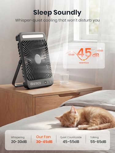 Warmco 20000mAh Battery Powered Fan, Ultra-Slim 8-Inch Portable Camping Fan with LED Lantern, Up to 48H Runtime Rechargeable Desk Fan for Bedroom, Outdoor, Tent, Travel, Cruise Ship Essentials - color: Black