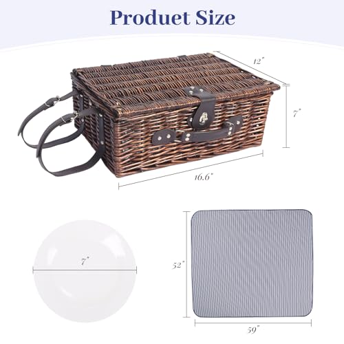 Neti Neti Wicker Picnic Basket for 4 with Insulated Cooler & Waterproof Blanket – Large Willow Picnic Hamper for Outdoor, Camping, Beach, Romantic Dates, Valentine’s Day - color: Blue Stripe