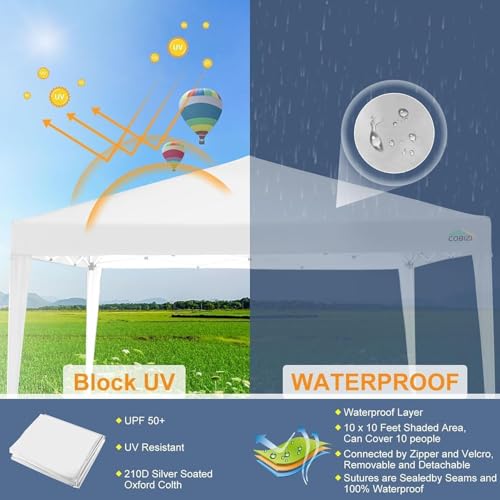 COBIZI 10x10 Pop Up Canopy Tent with 4 Sandbags, Easy Set Up Tent, Instant Outdoor Sun Shelter Canopy with 8 Stakes,4 Ropes&Carry Bag, Tents for Parties, Beach, Backyard,Camping(White) - color: White, size: 10x10FT without sidewall