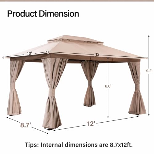 LAUSAINT HOME 10'x13' Outdoor Gazebo, Upgraded Metal Frame Heavy Duty Patio Canopy Tent Shelter with Double Roofs, Mosquito Nettings and Privacy Screens for Backyard, Garden, Lawn, Khaki - color: Khaki, size: 10'x13'