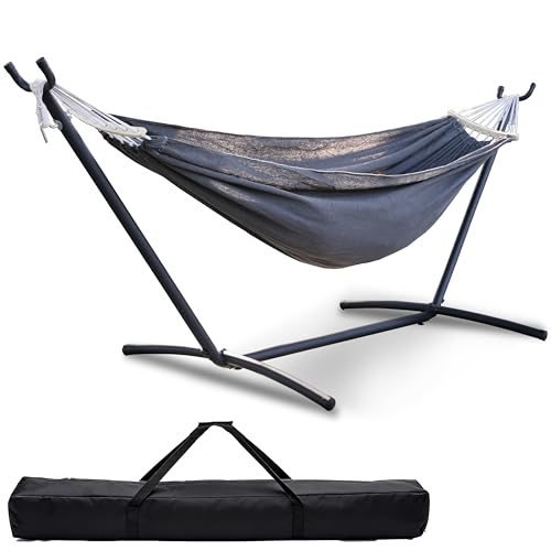 Free Standing Hammock with Stand, 550lbs Capacity - Anti-Flip Curved Spreader Bars - Premium Cotton Portable Hammock for Deck, Porch, Garden - Easy Assembly with Carrying Bag, Heather Gray - color: Heather Gray