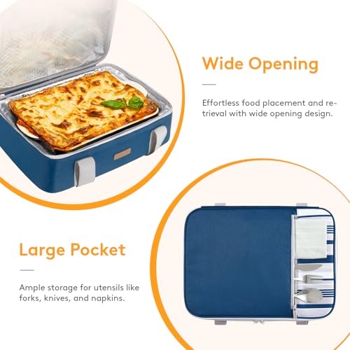LUNCIA Insulated Single Decker Casserole Carrier, Lasagna Lugger Tote Keeps Food Hot or Cold, Thermal Lunch Bag for Potluck Parties, Picnic and Cookouts, Fits 9" x 13" Baking Dish, Dark Blue - color: Dark Blue, size: 15.7 x 11.4 x 4.7inch