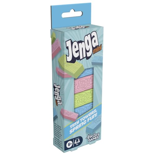 Jenga Mini Spring, Tiny Towers Stacking Block Game, Colorful Pink Blue Green Blocks, Ages 6+