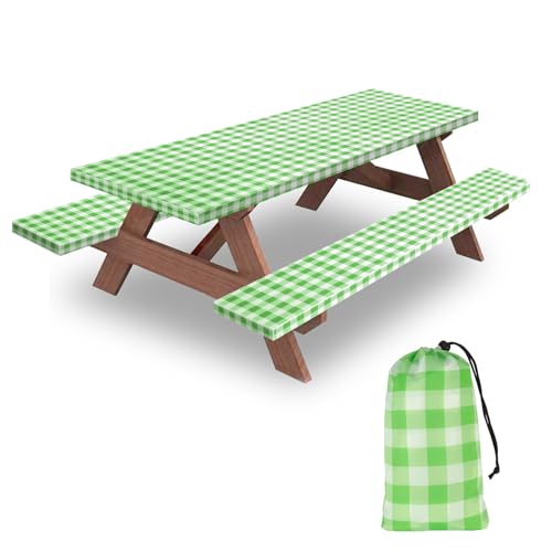 6ft Picnic Table and Bench Cover, Camping Essentials RV Gear, 72in Waterproof Windproof Outdoor Elastic All Around Tablecloth, Fitted Rectangle Tables and Seats, Green-White Checkered - color: Green-white Checkered, size: 72"