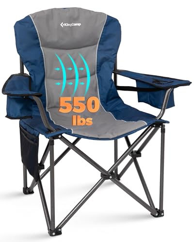 KingCamp Oversized Camping Chair with Adjustable Lumbar Support, 550lbs Heavy Duty Padded Folding Lawn Chair for Adults, Outdoor Armchair with Cooler Bag, Cup Holder & Side Pocket for Fishing, Travel - color: 1 Pack-blue/Mediumgrey