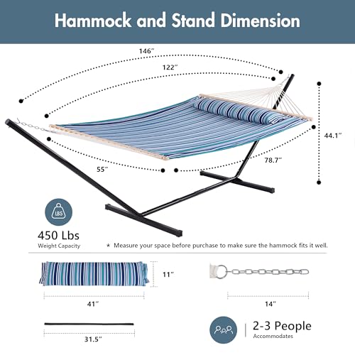 ANOW Double Hammock with Stand 12FT, Heavy Duty Hammock with Stand for Outdoors, 450 LBS Weight Capacity, Blue Stripes - color: Blue Stripes, size: 2 Person With Stand