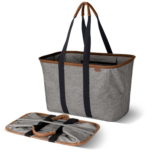 CleverMade Collapsible LUXE Tote, 30L Foldable Grocery Shopping Bag, Reusable - color: Heather Gray