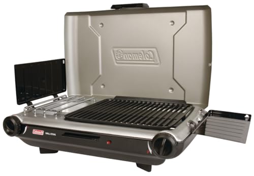 Coleman Tabletop 2-in-1 Grill & Stove with 2 Adjustable Burners, Propane Grill/Stove with Push-Button Starter, Wind Guards, Grease Tray, & 20,000 BTUs of Power for Camping, Tailgating, & More - color: Silver, style: PFAS-Free