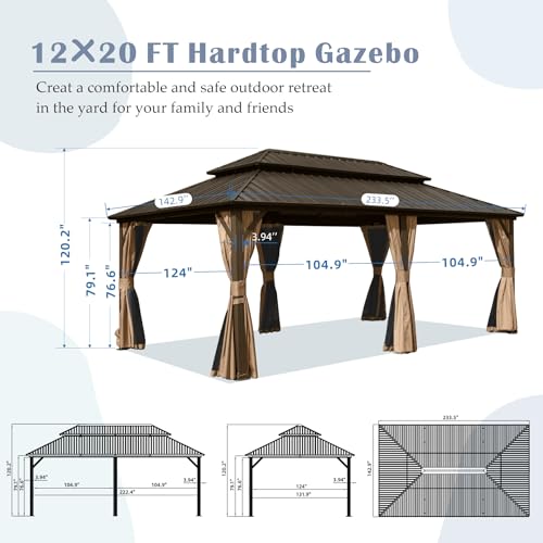 Domi 12' x 20' Hardtop Gazebo Permanent Metal Gazebo with Galvanized Steel Double Roof, Curtains and Netting for Party, Wedding, Outdoor Dining, Patio, Backyard, Brown - color: Brown, size: 12'×20' Double Roof