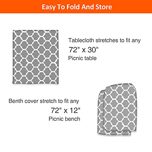 6ft Picnic Table and Bench Cover, Camping Essentials RV Gear, 72in Waterproof Windproof Outdoor Elastic All Around Tablecloth, Fitted Rectangle Tables and Seats, Gray-White Moroccan - color: Gray-white Moroccan, size: 72"