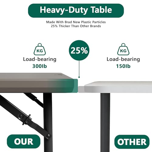Folding Table 48" x 24" - Heavy Duty Fold-in-Half Plastic Table with Adjustable Height, Portable Utility Tables with Steel Legs for Indoor, Outdoor, Picnic, Camping, Dining, Party (Khaki) - color: Khaki, size: 48in X 24in