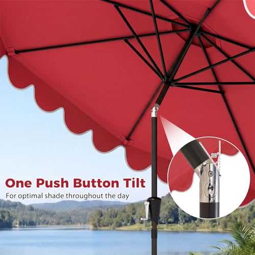 Tangkula 10 FT Patio Umbrella with Base Included, 2-Tiers Outdoor Scalloped Table Umbrella with 2 Sandbags, Tilt Adjustment, Crank, 8 Ribs for Market Backyard Pool Deck Beach Lawn - color: Wine, size: 10 FT