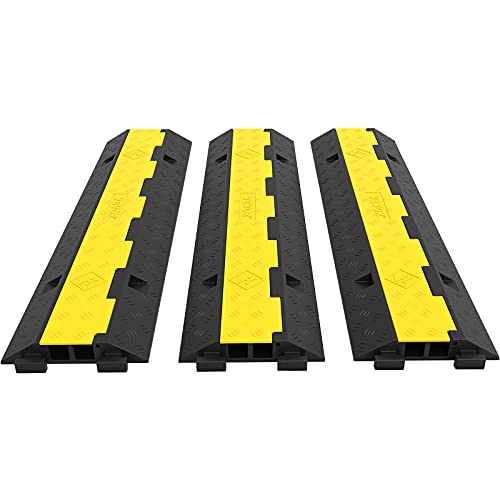 VEVOR 3 PCs Rubber Cable Protector Ramp, 2 Channel, 11000 lbs/axle Capacity Heavy Duty Hose Wire Cover Ramp Driveway, Traffic Speed Bump w/Flip-Open Top Cover, for Indoor&Outdoor