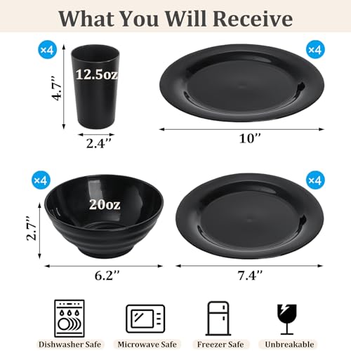 WRINGKIT 16 Pieces Plastic Dinnerware Set for 4, Unbreakable Plates and Bowls, Lightweight Black Plates Bowls with Cups, Reusable Dishes Set for Camping, Kitchen, Dorm, Dishwasher Microwave Safe