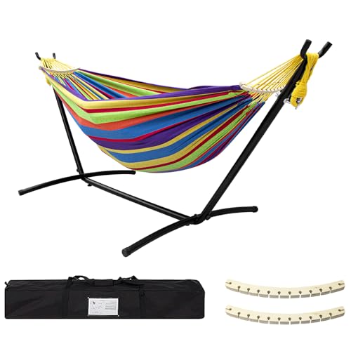 SZHLUX Double Hammock with Stand for Outside 450lb Capacity Steel Stand, Premium Carry Bag Included and Two Anti Roll Balance Beam - color: Tropical