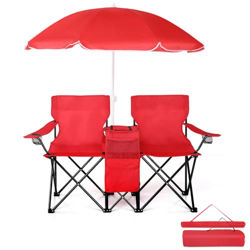 Double Folding Camping Chair W/Umbrella Fold Up Table Beverage Holder Carrying Bag Cooler for Patio Pool Park Outdoor Beach, Picnic, Portable (Red) - color: Red