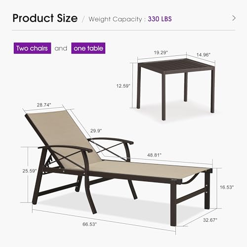 PURPLE LEAF Outdoor Oversized Chaise Lounge Chair Set of 3 Patio Pool Lounger Aluminum Chairs with Side Table and Wheels Adjustable Tanning Recliner with Armrests for Outside Yard Beach, Pebble Gray - color: Pebble Gray, size: Oversized Upgrade