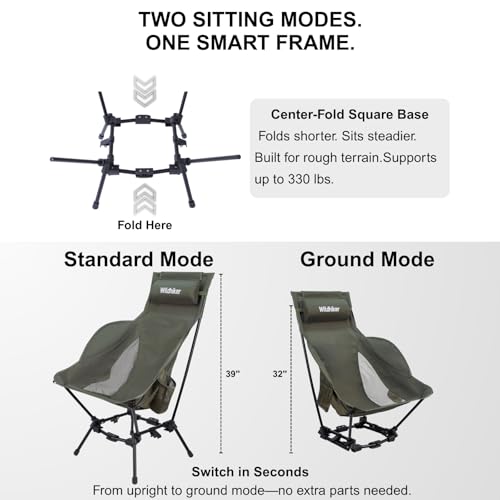 Wildhiker Compact High Back Camping Chair - Foldable with Dual Sitting Modes, Pillow, Arm Pads and Side Pockets - Lightweight Portable Chair for Motorcycle, RV, Festival, Travel - Green - color: Green