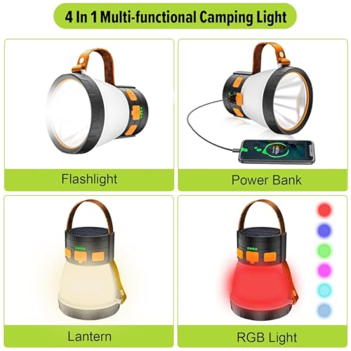 LED Camping Lantern, 1500 Lumens Spotlight Flashlight Rechargeable with Solar Panel Charging, Waterproof Spot Light, 8 Light Modes, 7500mAh, Camping Flashlight for Emergency, Orange&Brown - size: Orange&Brown