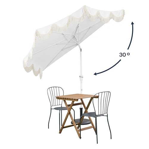 JONATHAN Y Half Umbrella UMB1201K Beverly 9 ft. Designer Classic Scalloped Fringe Market Patio with Crank, Tilt Button and UV Protection in Cream/White, White Pole - color: Cream/White - White Pole