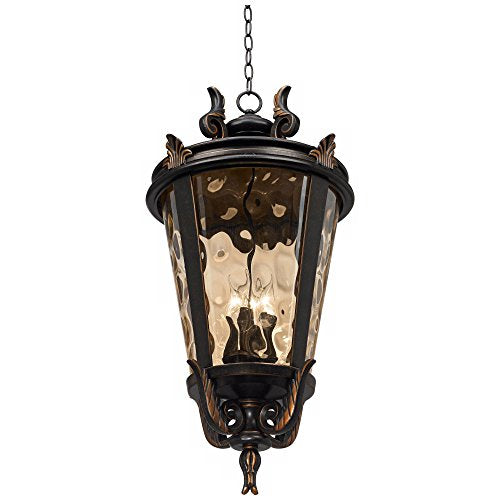 John Timberland Casa Marseille European Outdoor Ceiling Light Hanging Veranda Bronze Brown 30" Champagne Hammered Glass Damp Rated for Exterior House Porch Patio Outside Deck Front Door Home - color: Bronze, size: 30" High