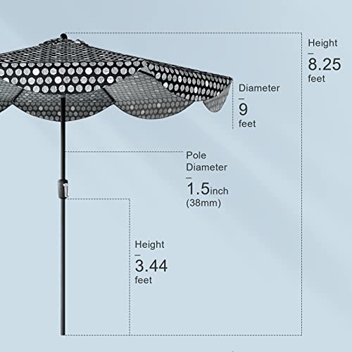 Tempera 9ft Scalloped Patio Umbrellas Outdoor Table Umbrellas with Fade Resistant Canopy, 8 Sturdy Rids, Elegant Vintage Umbrellas for Lawn, Pool, Deck, Balcony - color: Black White Dot, size: 9 FT