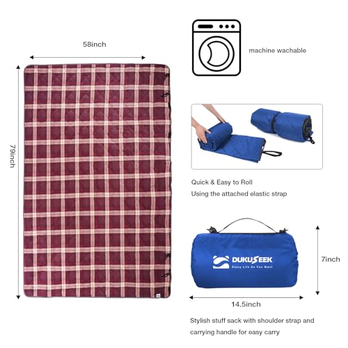 DUKUSEEK Waterproof Camping Blanket with Thick Fleece, Large Outdoor Blanket Windproof with Foldable Hood for Camping Stadium Sporting Events,79"x 58" - color: Dark Blue Outer With Red Plaid Fleece