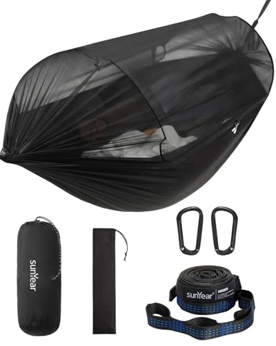 Sunyear Camping Hammock with Net - Double&Single Hammock with House-Like Net- Easy Setup & Pack, Lightweight & Portable, Perfect for Hiking, Backpacking, Outdoor Sleeping - color: Black, size: 106"L x 55"W