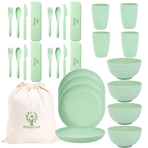 ECOSTAR Wheat Straw Dinnerware Sets Unbreakable Plates Bowls and Cups Reusable Utensils Dishwasher Microwave Safe Bowls and Plates Sets (Green) - color: Green