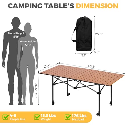 Portable Folding Camping Table, 4-6 Person Aluminum Outdoor Picnic Table with Storage Carry Bag, Adjustable Height Lightweight Camp Table for Beach, Picnic, BBQ and Indoor Use
