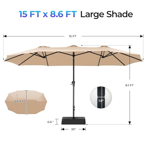 SUPERJARE 15FT Outdoor Patio Umbrella with Base Included, Double Sided Pool Umbrellas with Fade Resistant Canopy, Extra-Large Table Umbrella for Deck, Market, Backyard, Beige - color: Beige, size: 15ft