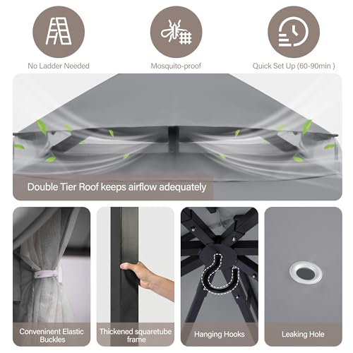 LAUSAINT HOME 8'x8' Outdoor Patio Gazebo with 50FT String Lights, Heavy Duty Party Tent & Shelter with Double Roofs, Mosquito Nettings and Privacy Screens for Backyard, Garden, Deck (Grey) - color: Gray, size: 8'x8' with lights